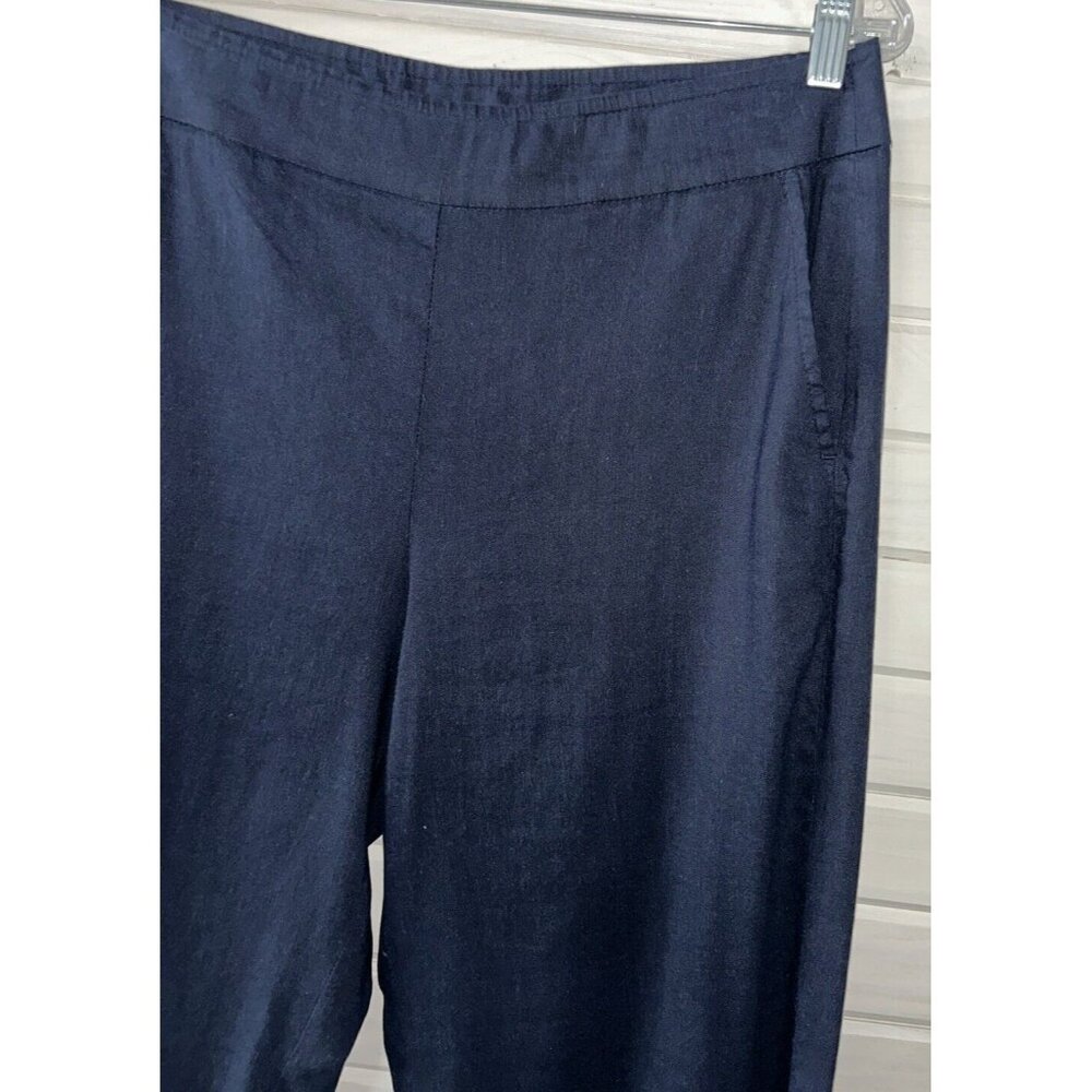 Chicos Sz 1 (8R) Wide Leg Linen Pants Navy Blue Pull On Pockets Stretch EUC - Picture 3 of 8